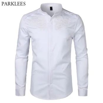

Paisley Floral Embroidery White Shirt Men Slim Fit Long Sleeve Dress Shirts Mens Wedding Event Business Casual Social Shirt Male
