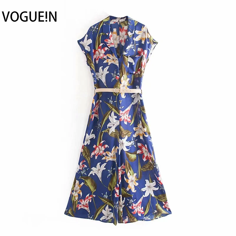 

VOGUEIN New Womens Vintage Floral Print Short Sleeve Blue with Belt Jumpsuit Playsuit Wholesale