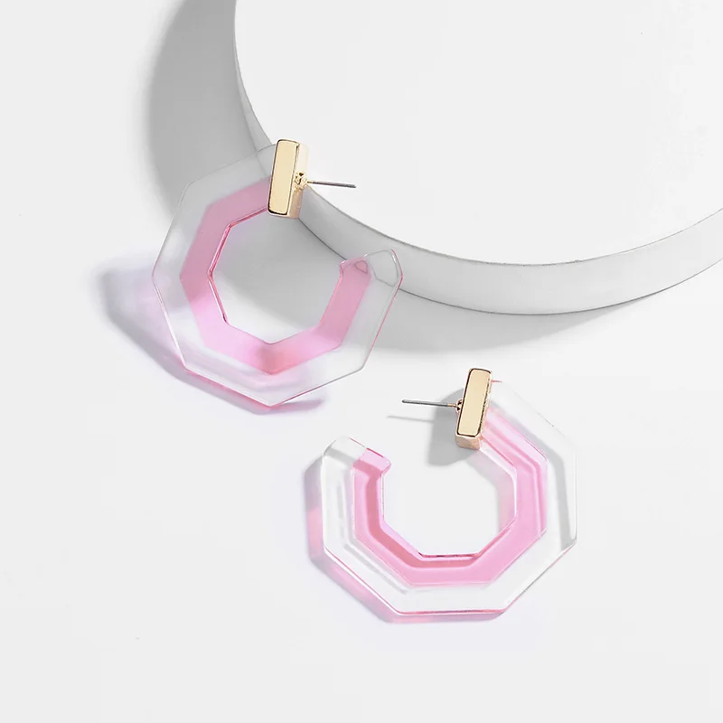 

Hot Sale Summer Hexagon Clear Joint Acrylic Hoop Earrings Leopard Acetate Piece C hoop Statement Earrings For Women