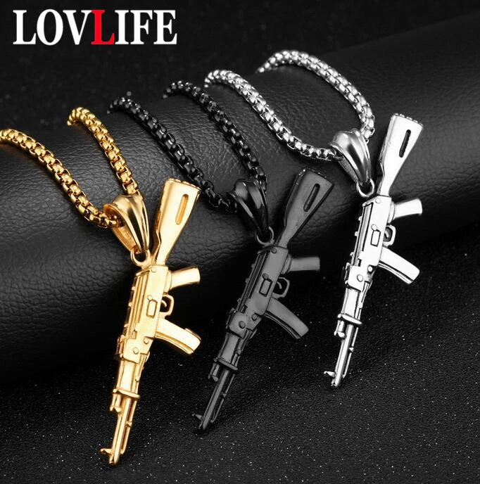 

Punk Style Hiphop Gun Weapon AKM Rifle Gun Pendant Chain Necklace Men Party Wearriing Golden Color Necklaces