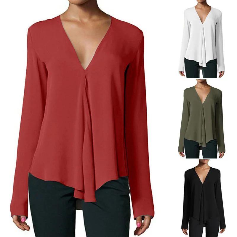 

Spring Autumn Women Chiffon Shirt Long Sleeve Blouse Sexy V Neck Solid Color Tops Office Lady Shirts SSA-19ING