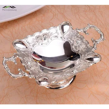 

New Shiny Silver Plated Fruit Dish With Handle Dessert Plate Sweet Dishes Luxury European Plates For Wedding Or Party 21*7CM