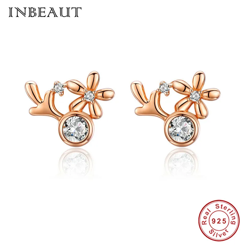 

INBEAUT Romantic Fairy Girl Rose Gold Zircon Wedding Earrings 925 Sterling Silver Cute White Stone Elk Stud Earrings for Women