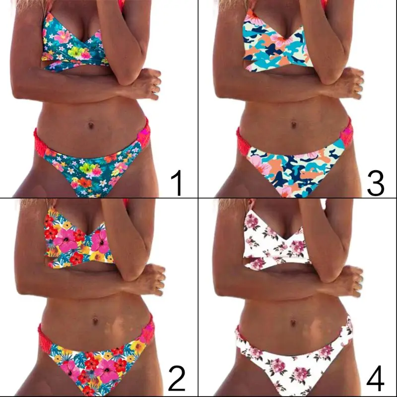 Women Sexy Two Piece Set Deep V-Neck Wrap Front Lace Up Bra Low Waist Ruched Waistband Thong Bohemian Floral Swimsuit