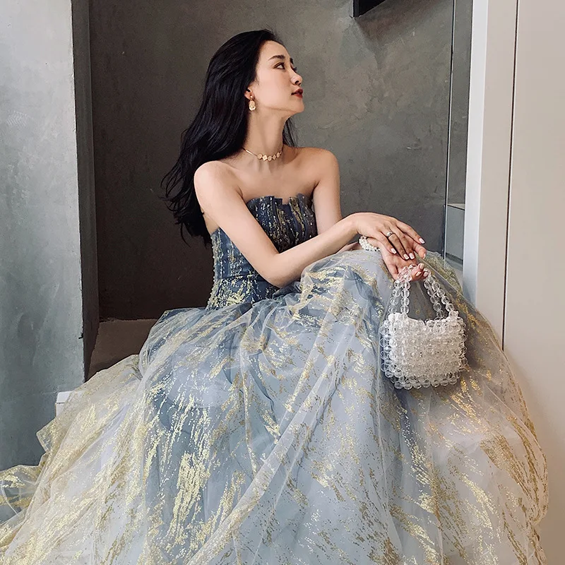 US $61.98 Luxury Tulle Princess Evening Dress Strapless Lace Up Back Floor Length Sexy Prom Party Dress 2020 High Quality Women Dresses