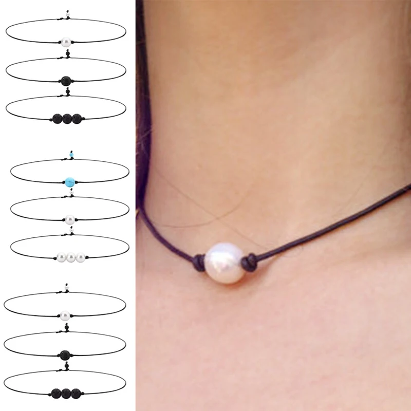 

3PCS/SET New Fashion Leather Necklace Black Cord Choker Neck Lace Multi-Storey Imitation Pearl Pendant