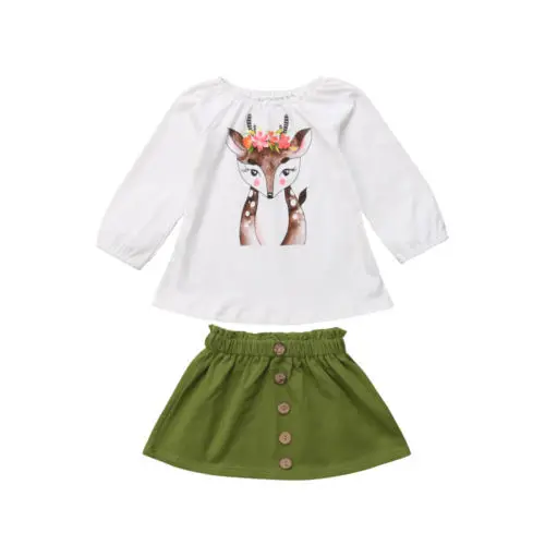 Toddler Kids Baby Girl Fox Long Sleeve Tops + Button Mini Skirts Outfit Clothes | Мать и ребенок