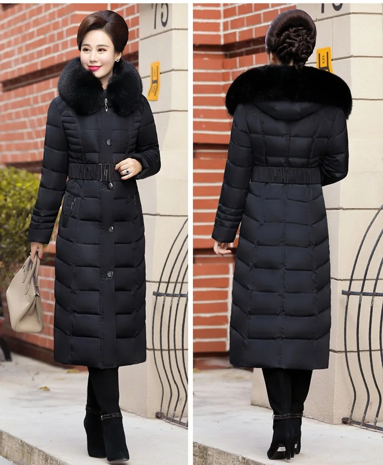 Куртка осень-зима Для женщин среднего возраста плюс Размеры толстый меховой воротник зимнее пальто, парки Для женщин длинное пальто с капюшоном, хлопковая верхняя одежда L-5XL