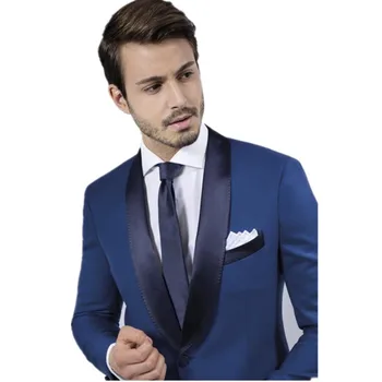 

New groom mens suit single breasted dress terno masculino satin lapel 2017 custom dark blue wedding suits for men (coat+pants)
