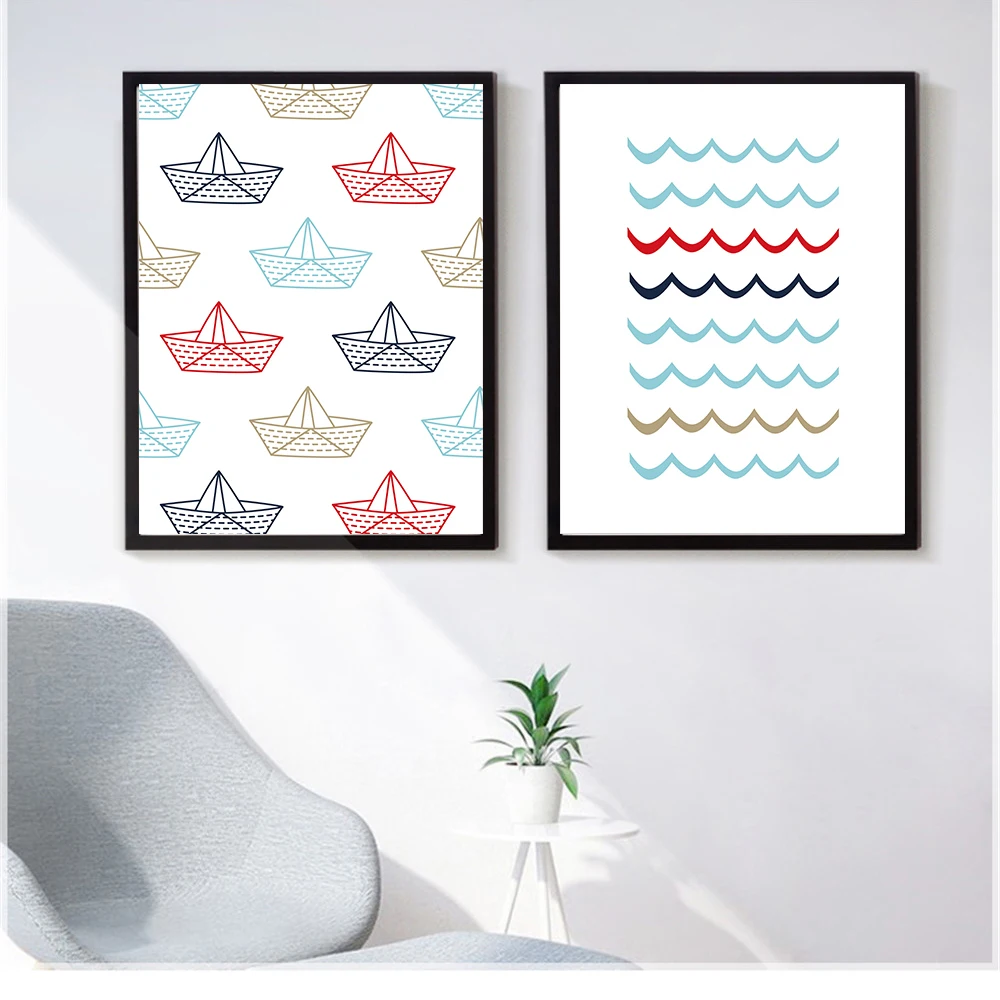 Minimalista-E-moderno-Dos-Desenhos-Animados-Pintura-Onda-Do-Mar-Barco-de-Festa-Cartaz-Da-Lona (1)