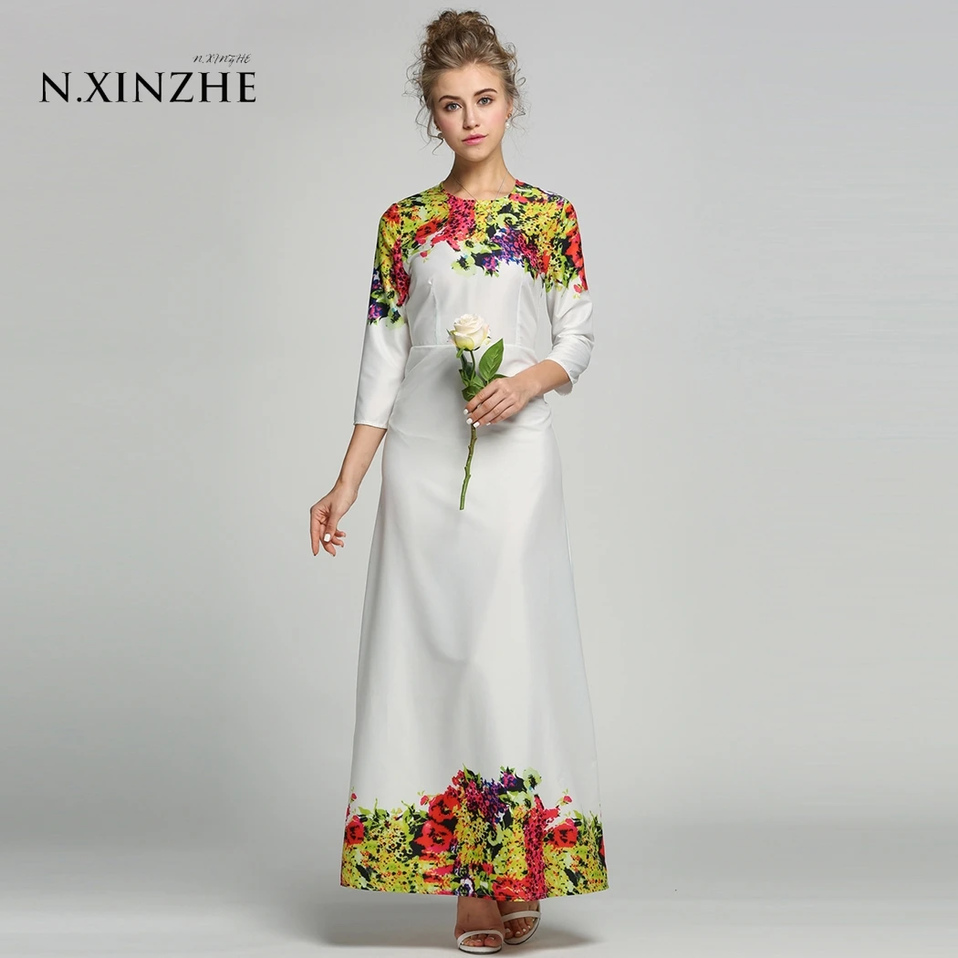 N.XINZHE Autumn Floral Print Maxi Dresses Women Club Party Long Dress O-Neck 3/4 Sleeve Elegant Dress Vestido De Festa Plus Size womens-long-maxi-dresses : image N.XINZHE Autumn Floral Print Maxi Dresses Women Club Party Long Dress O-Neck 3/4 Sleeve Elegant Dress Vestido De Festa Plus Size womens-long-maxi-dresses