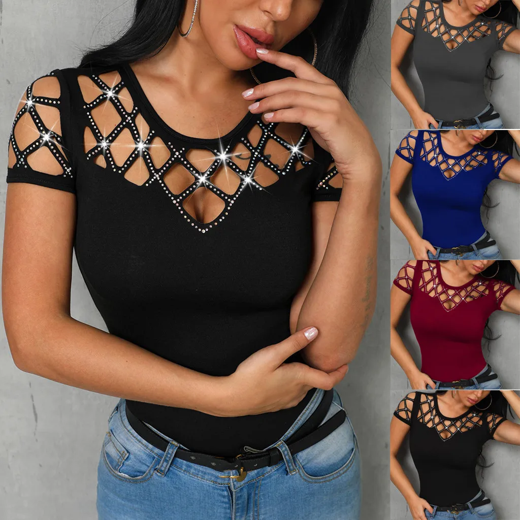 

Fashion Women Sexy Tops Hollow Bling Nail Beading Shirt O-Neck Short Sleeve Casual Elegant Vintage Tops Poleras Mujer#n