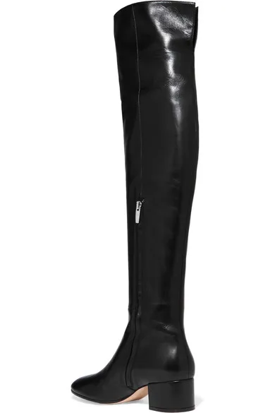 Женские ботфорты выше колена на квадратном каблуке со скрытой боковой молнией; Цвет Черный; ручная работа; размеры США 4-17