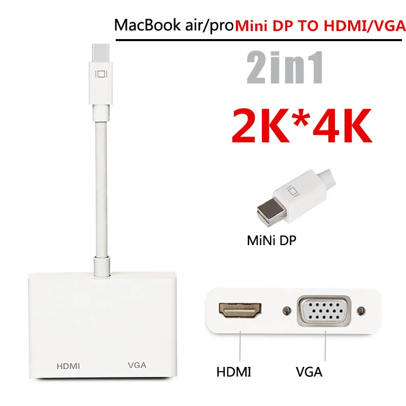 2 In 1 Mini DisplayPort DP Thunderbolt To HDMI VGA Adapter Connector