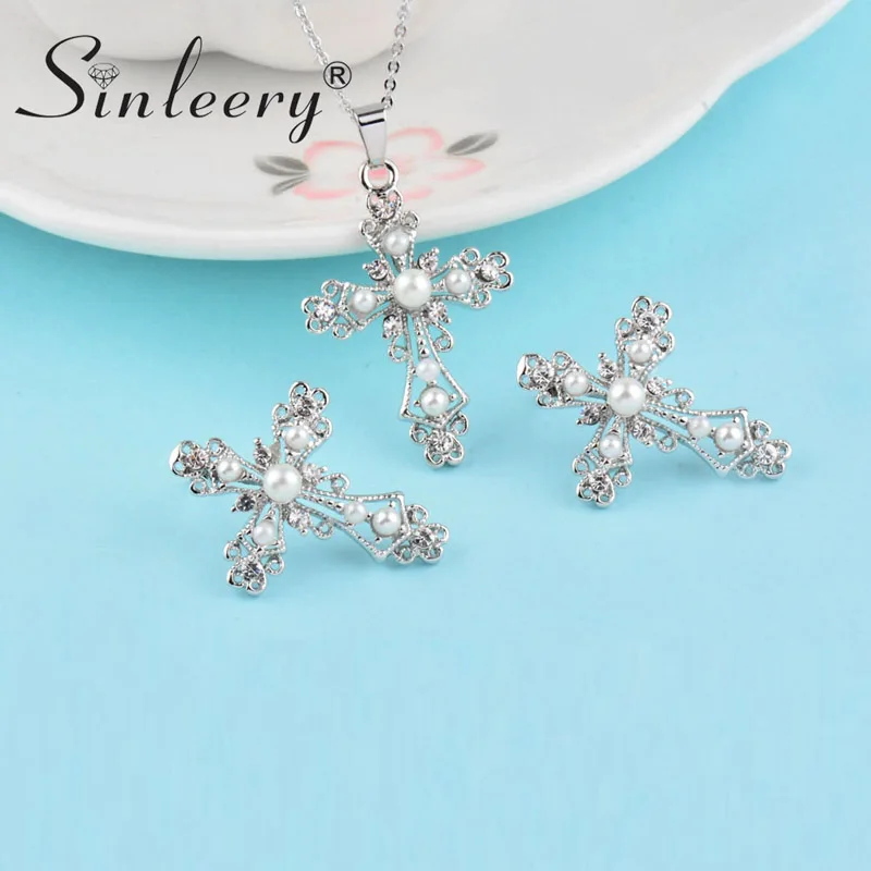 

SINLEERY Fashion Baroque Style Simulated Pearl Hollow Cross Pendant Necklace Earrings Jewelry Set For Women Party TZ061 SSB