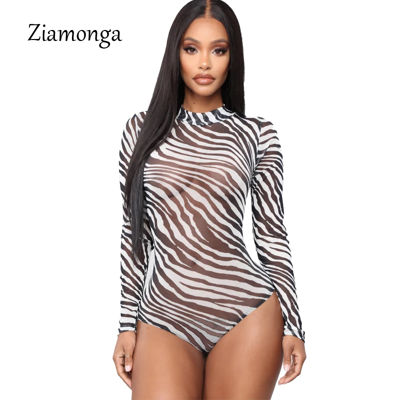 

Ziamonga Zebra Pattern Long Sleeve Women Bodysuit High Neck Sexy Slim Top Panelled 2019 Summer Autumn Party Fashion Body Suit