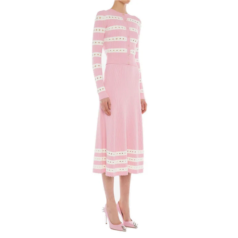 Осенний вязаный комплект из двух предметов, женский элегантный розовый полосатый свитер с длинным рукавом+ трапециевидная юбка миди, Женская одежда из двух частей