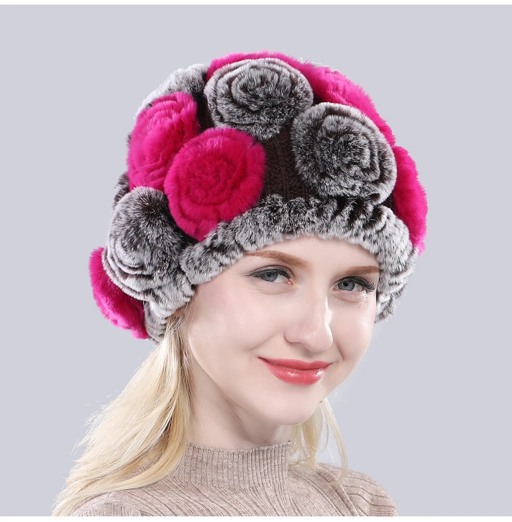 Новая Женская эластичная шапка с цветами, настоящий мех кролика, зимняя вязаная Цветочная шапка из натурального меха, женские пушистые шапки из натурального меха