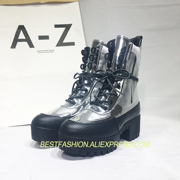 

2018 Hot Autumn Winter Shoes Woman Platform Lace Up Square Heels Leather Boots Designer Woman Silver Tide Superstar Knight Boots