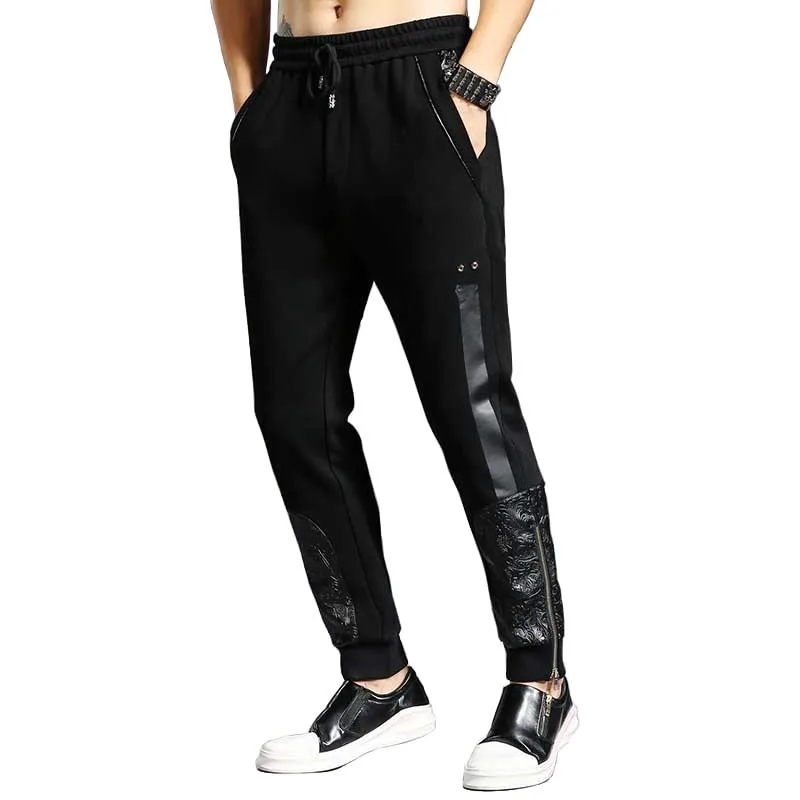 

Autumn Patchwork PU Printed Joggers Pants Leg Zipper Men Casual Slim Fit Cotton Sweatpants Black Trousers Harem Hip Hop Pants