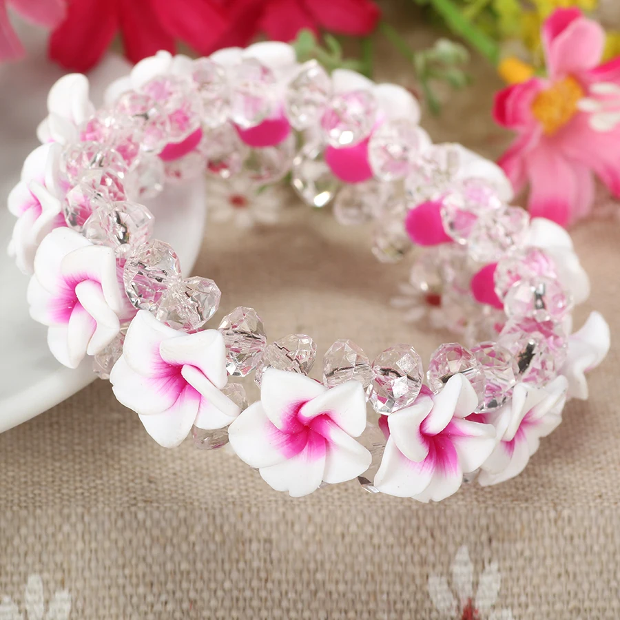 1pc/lot Handmade Beautiful Polymer Clay Fimo Frangipani Plumeria Flower Bracelet For Girls Women Holiday Jewelry Accessories