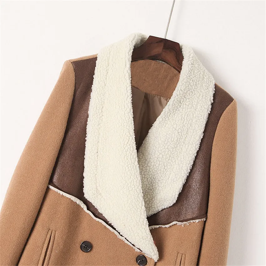 2017 Autumn Winter Fashion Big Lapel Woolen Coat Women Double Breasted Faux Suede Outerwear Windbreaker Lady Spliced Coats Mw032