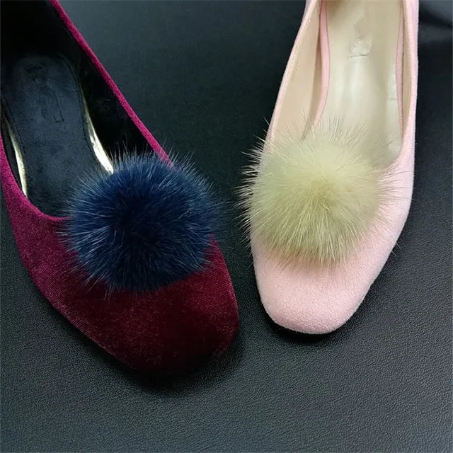 Special Price Shoe Clips of mink fur shoe decoration 2 set Genuine mink fur pompom clothes 50mm black red beige women fashion accessories E104