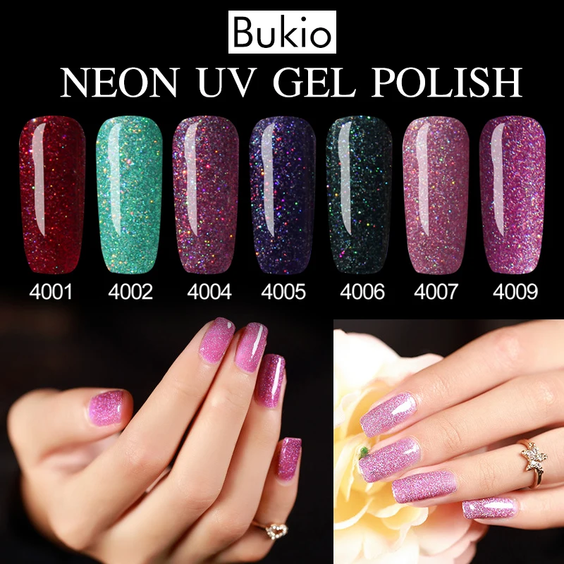

Bukio Neon Gel Nail Polish 7ml Need Uv Lamp Permanent Enamel Gel Varnish with Sparkles Nail Art Decorations Colorful Shine Gel