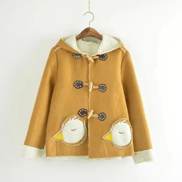 New Student Woolen Coat Winter Autumn Fashion Chick Decoration Pocket Sweet Plus Velvet Thicken Hooded Wadded