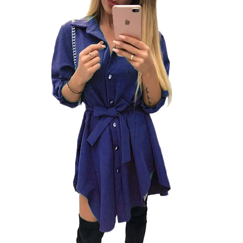 

Fashion Irregular Women Dress Vintage Button Bandage shirts Dress Long Sleeve Turn Down Collar Mini Dress Party GV604