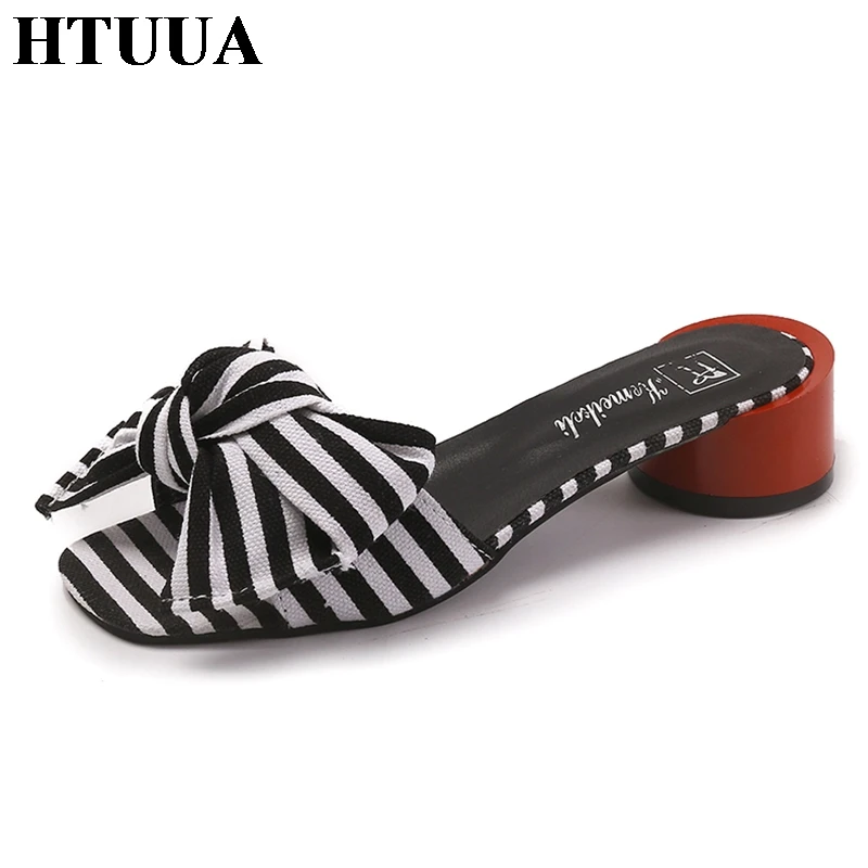 

HTUUA Newest Stripe Bow Slides Women Summer Beach Shoes Woman No Fur Slippers Thick High Heel Sandals Ladies Flip Flops SX1133