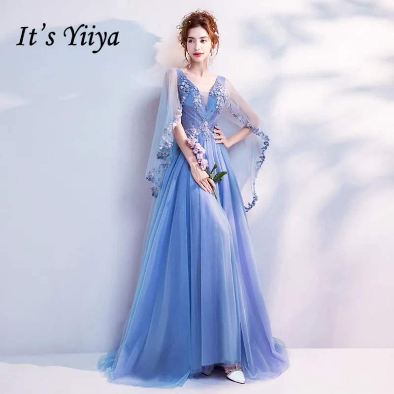 

It's Yiiya Blue Bling Embroidery Trailing with Wrap Evening Dresses V-neck Sleeveless Train Illusion Party Formal Dress LX265