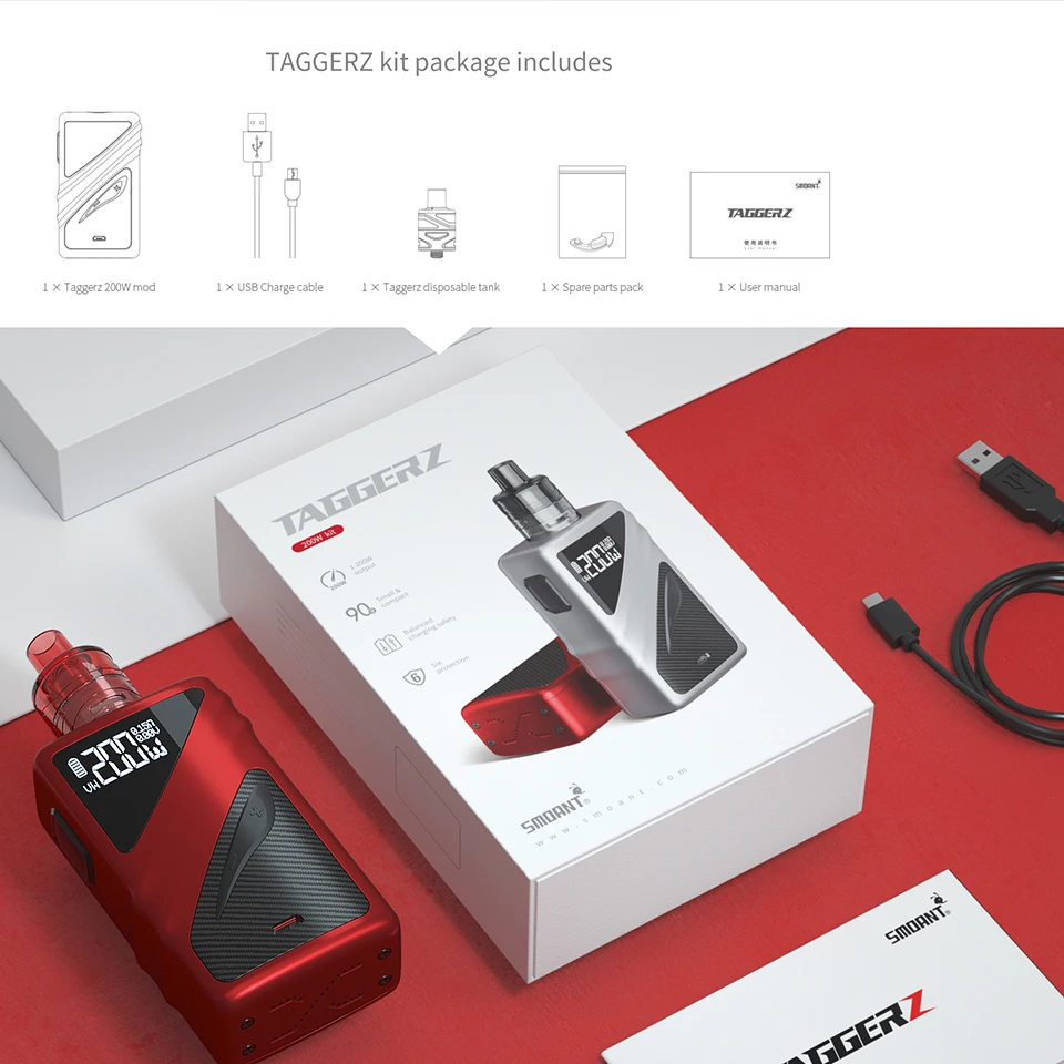 Original Smoant Taggerz Kit 200W TC Box Mod With 2ml Taggerz Disposable Tank By Dual 18650 Battery E Cigarette Vape Kit