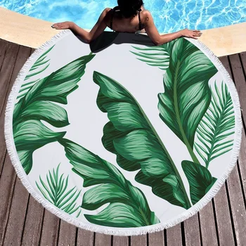 

Tropical Leaves Microfiber Round Beach Towel with Tassel 150cm Large Camping Picnic Round Carpet Yoga Mat Towel toalha de praia