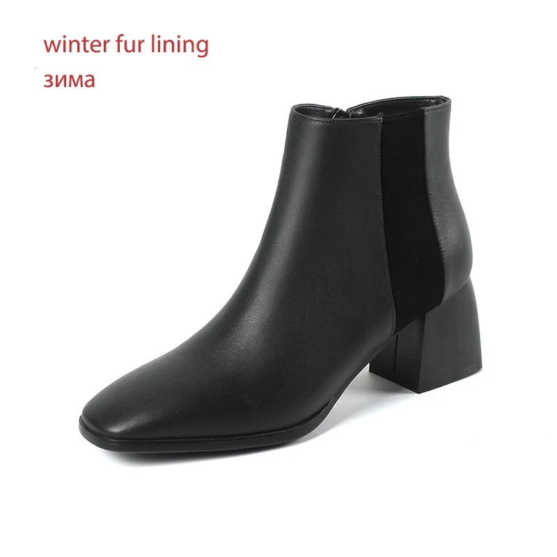 ISNOM/Новинка; женские ботинки на толстом высоком каблуке; обувь с квадратным носком на молнии; женские ботильоны из натуральной кожи; короткая плюшевая женская обувь; - Цвет: black