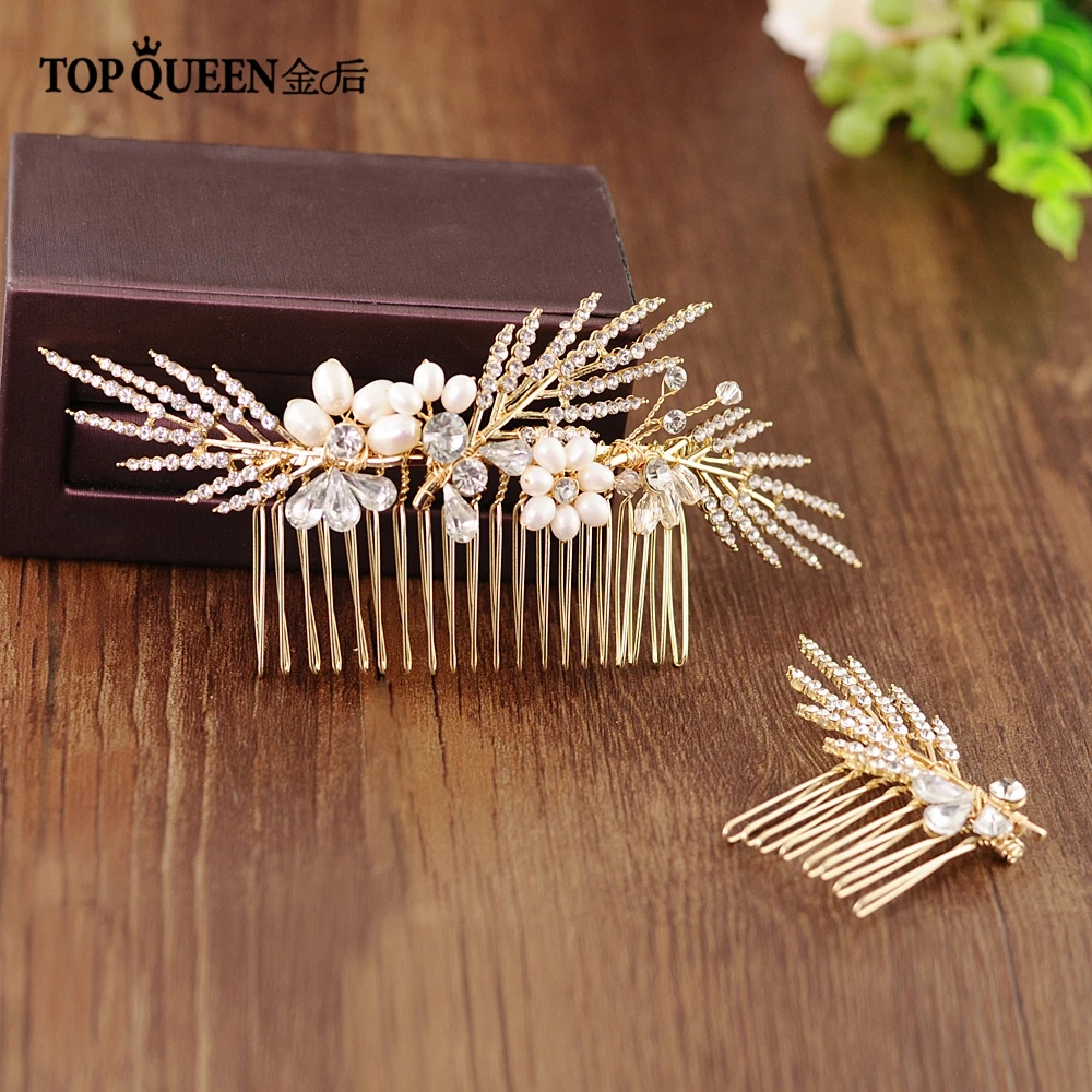 TOPQUEEN HP01-Set, Свадебные элегантные аксессуары, Золотая расческа для волос невесты с кристаллами и жемчугом для вечеринки, быстрая