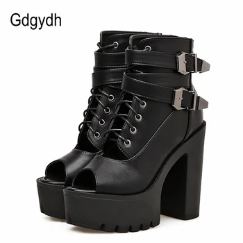 

Gdgydh Lacing Black Leather Women Shoes High Heels New Spring Open Toe Ankle Boots For Women Platform Block Heels Fashion Buckle