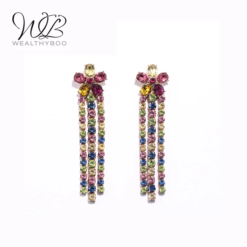 

WEALTHYBOO 2018 New Arrival New Idea Multi Color Flower with Metal with 3 Strands Rhinestone Earring for Women Fashion Jewelry