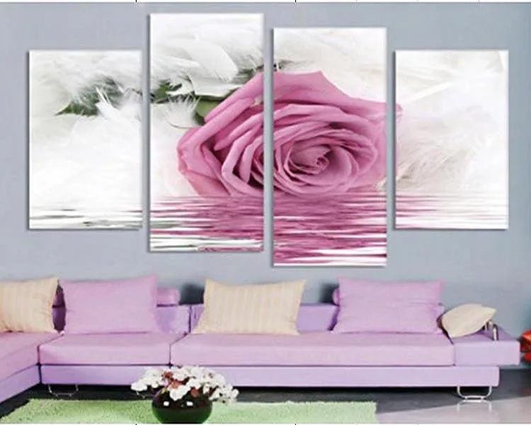 4 panel large poster printed Pink roses canvas painting canvas print