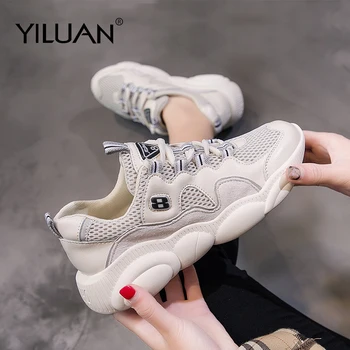 

Yiluan Genuine Leather Daddy shoes women 2019 spring new sports wind casual shoes of the wild leather thick bottom running shoes