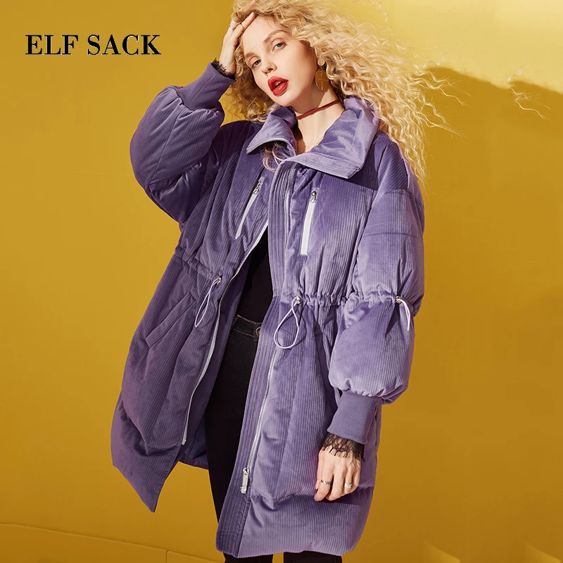 

ELFSACK Solid Drawstring Pocket Zip Thick Down Jacket Women Long Oversize Coat 2019 Winter Casual Female Outwear
