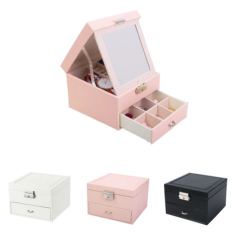 

Solid Color Double Layer Jewelry Box Make Up Cosmetics Makeup Organizer Storage Pill Box Container Drawer PU Cortex Simple Ring