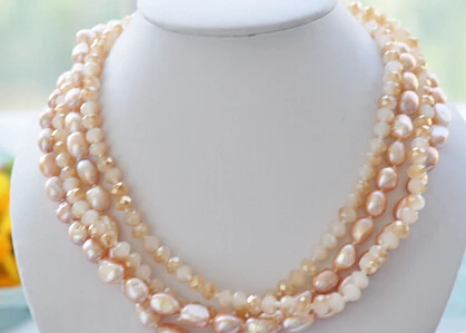 

08148 4row 18" pink baroque pearl faceted crystal bead necklace