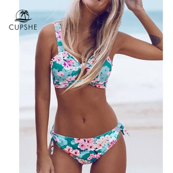 

CUPSHE Double Knot Floral Print Bikini Sets Women Sexy Thong Two Pieces Beach Bathing Suits 2020 Girl Boho Swimwear