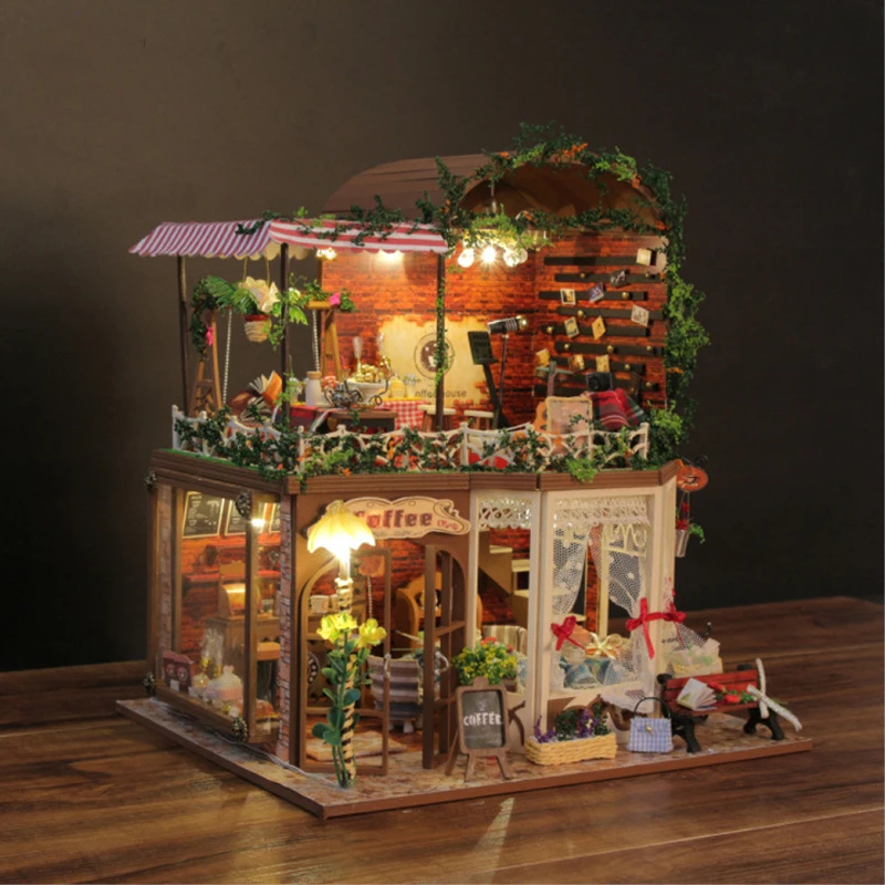 

DIY DollHouse With Furniture 3D Wooden Miniatura Doll house LED Light Handmade Toys Creative Gift For Kids Coffee House D015 #D