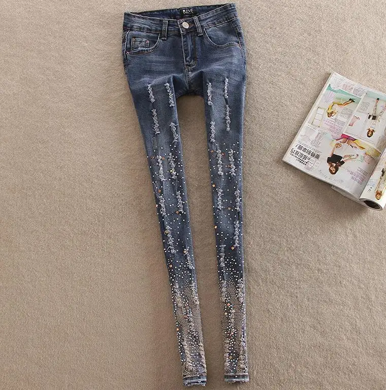 Женские джинсы карандаш с алмазной вышивкой большие размеры 4xl|trousers women jeans|skinny jeans