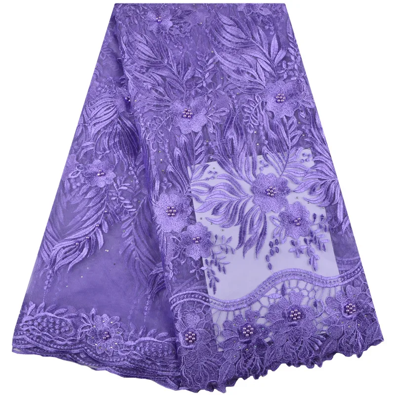 

Purple Nigerian Lace Fabrics New Design Embroidered African Lace Fabric High Quality French Tulle Lace With Beads For Party 1347