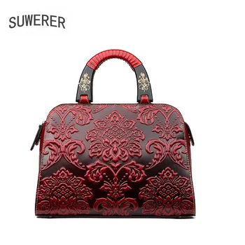 

SUWERER 2019 New Genuine Leather women bags Retro Handmade embossing luxury leather shoulder bag designer women famous brands