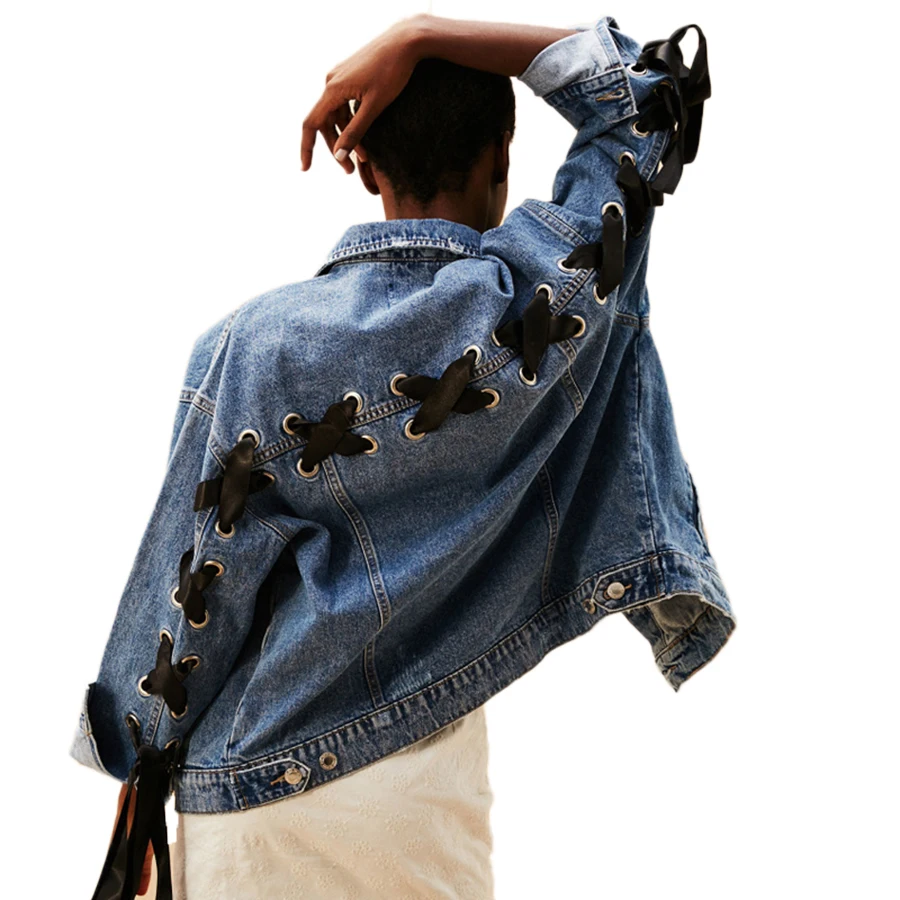 

Vintage Lace Up Sleeve Jeans Jacket Coat Women Light Blue Denim Jeans Jacket Casual Loose Oversized Basic Coat Nice Spring