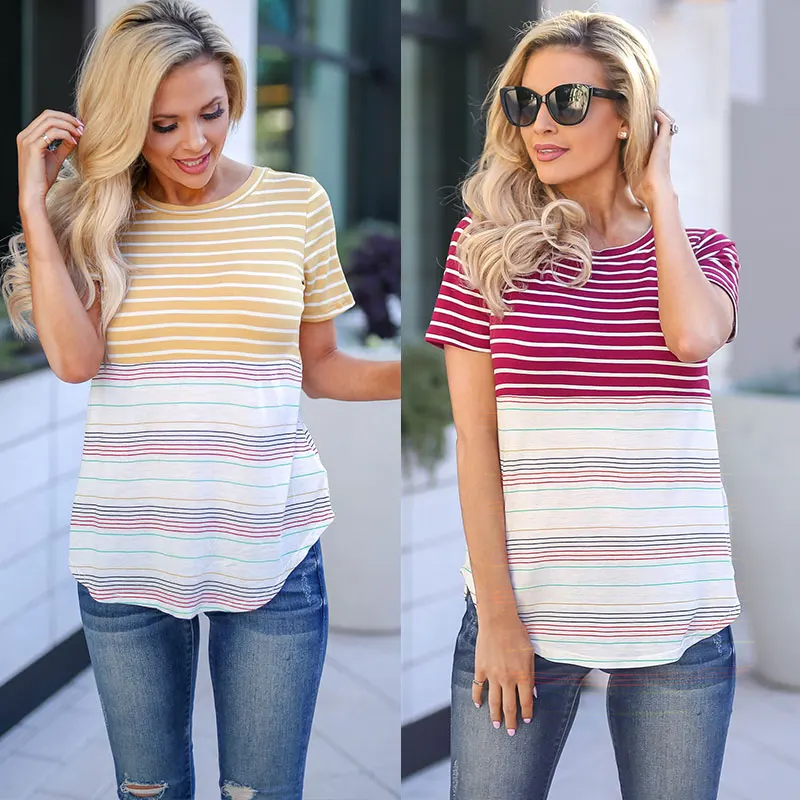 

Women Tops Summer Casual Round Neck Short Sleeve Stretched Tee Shirt Tops Lady's Slim Fit Striped T-shirt